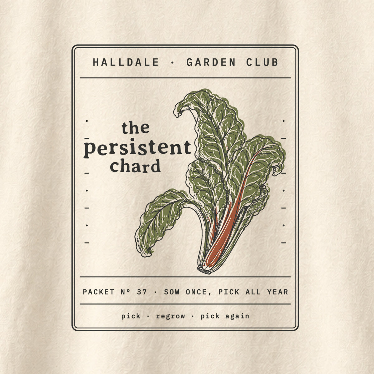 The Persistent Chard tee in Ivory, close-up of the print