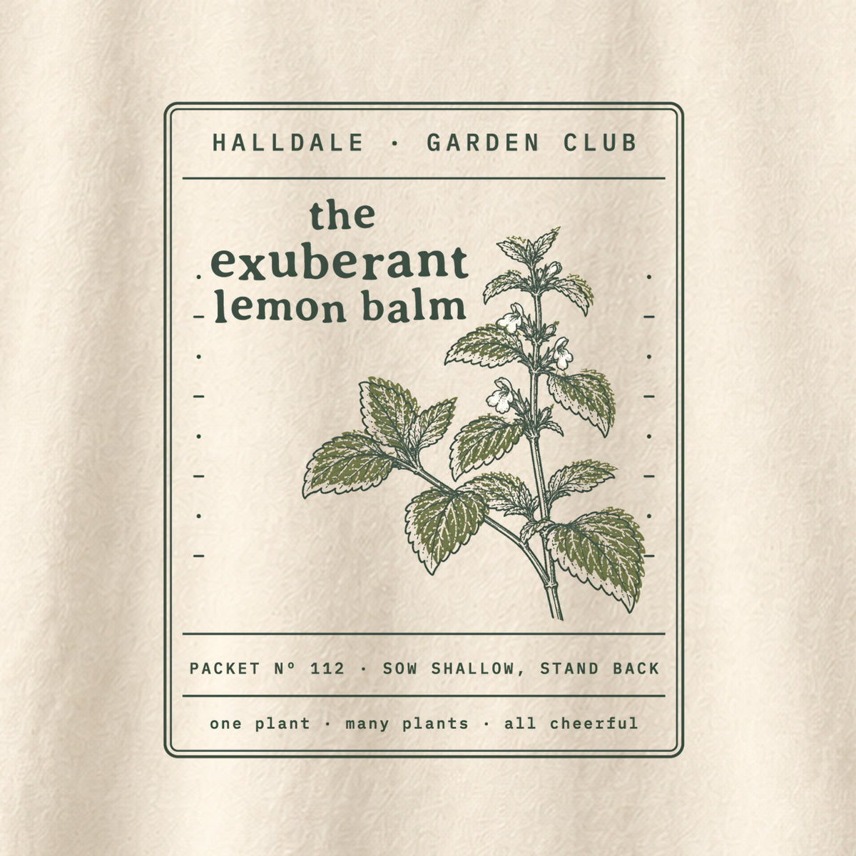 The Exuberant Lemon Balm tee in Ivory, close-up of the print