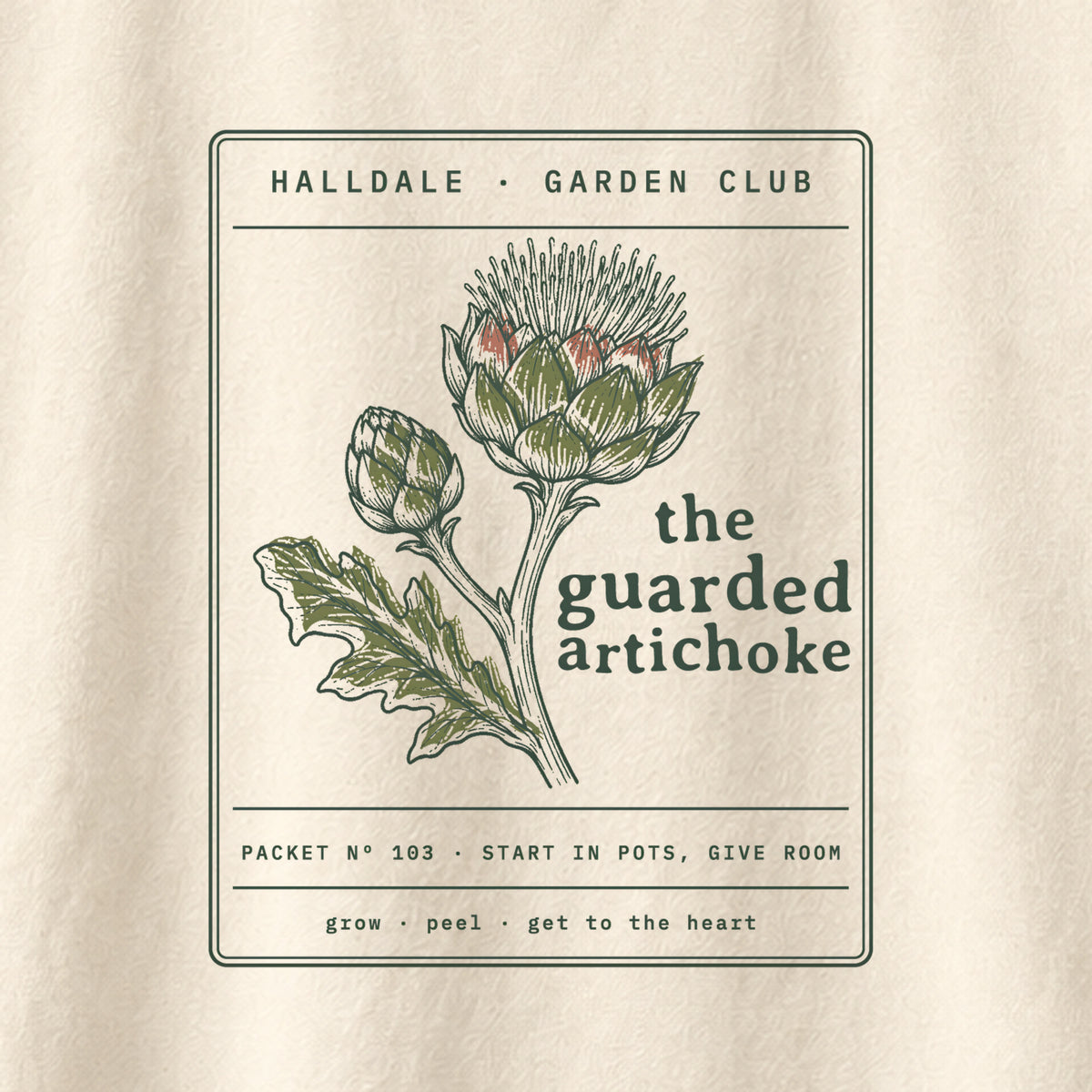 The Guarded Artichoke tee in Ivory, close-up of the print