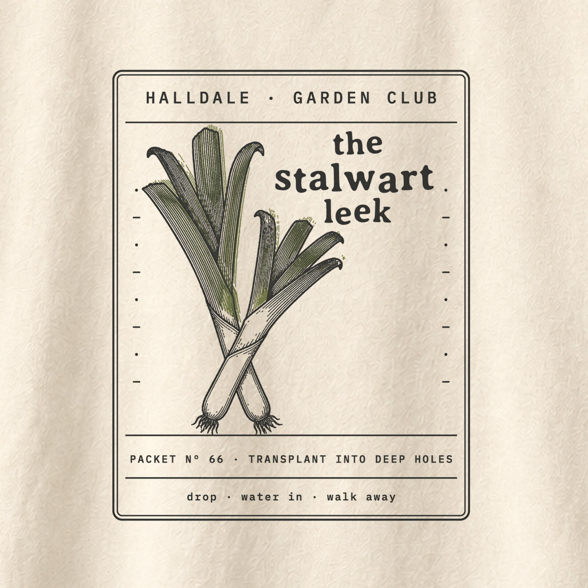 The Stalwart Leek tee in Ivory, close-up of the print