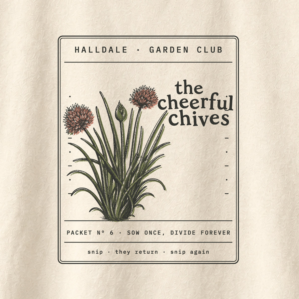 The Cheerful Chives tee in Ivory, close-up of the print