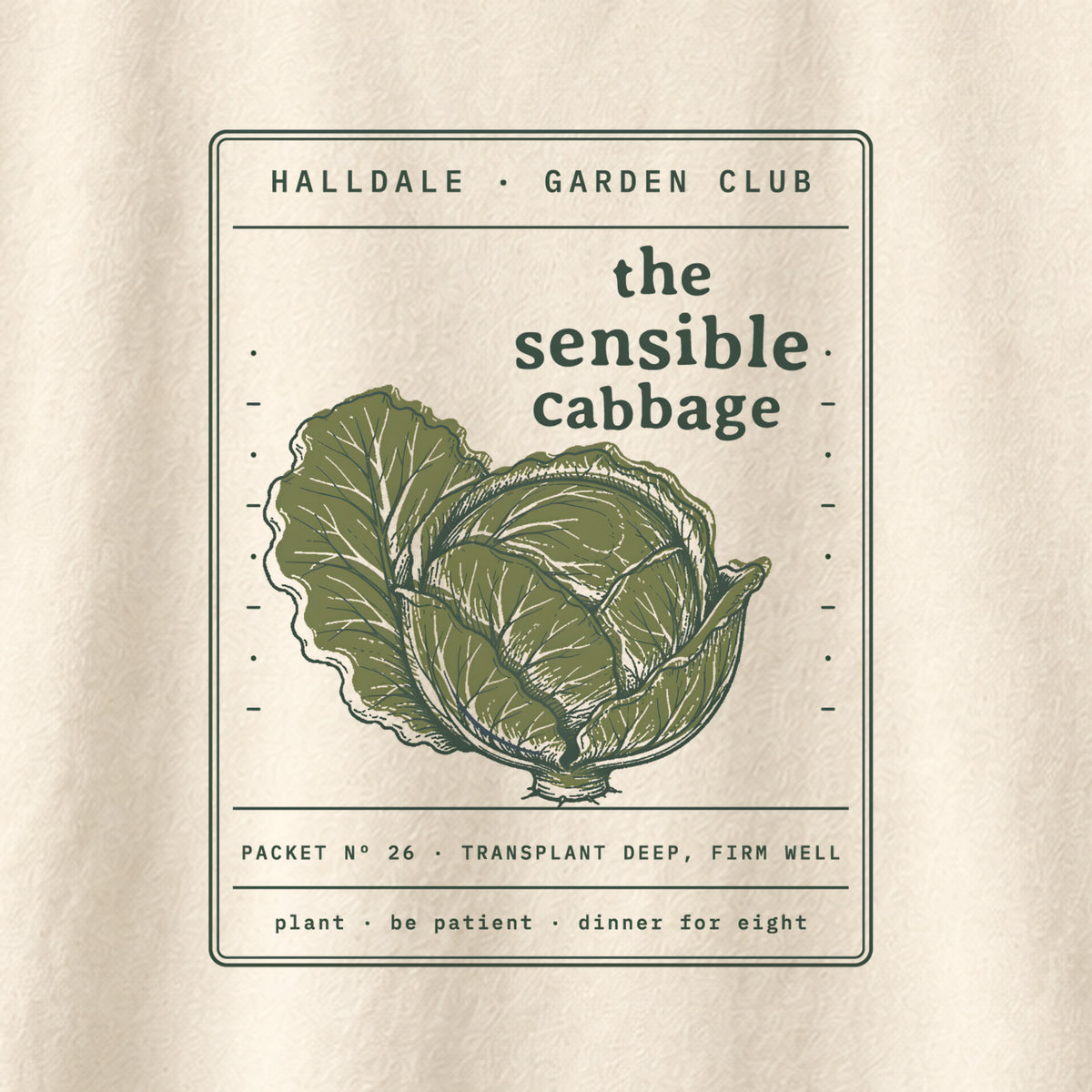 The Sensible Cabbage tee in Ivory, close-up of the print