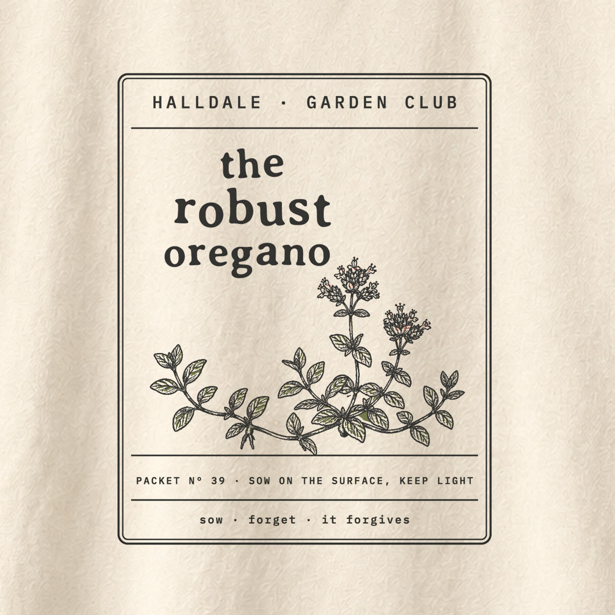The Robust Oregano tee in Ivory, close-up of the print
