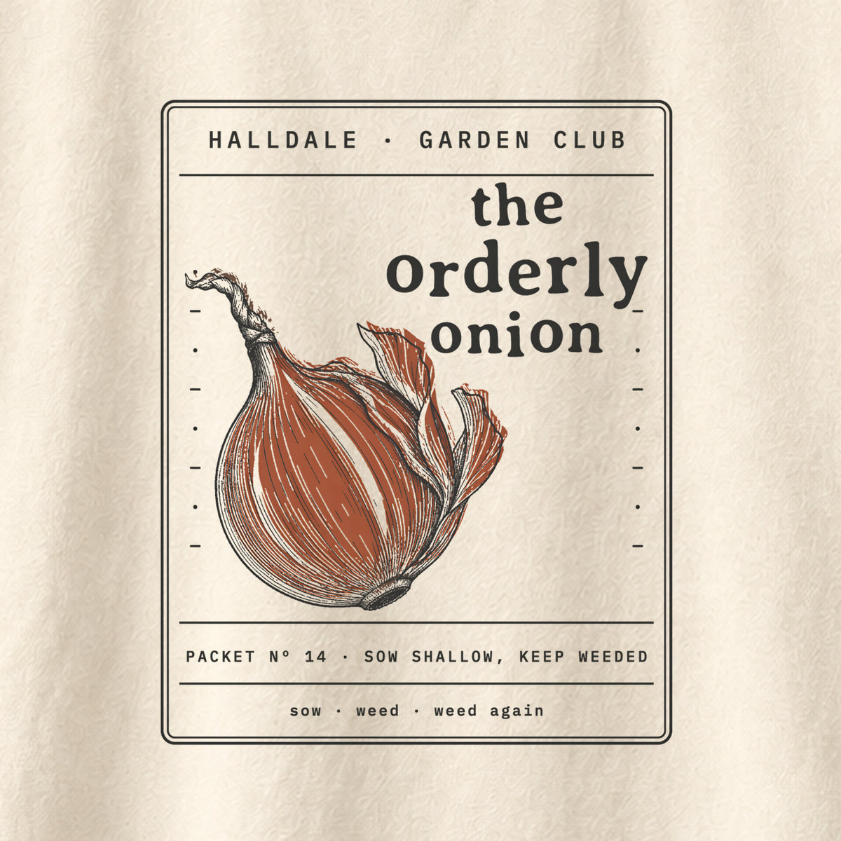 The Orderly Onion tee in Ivory, close-up of the print