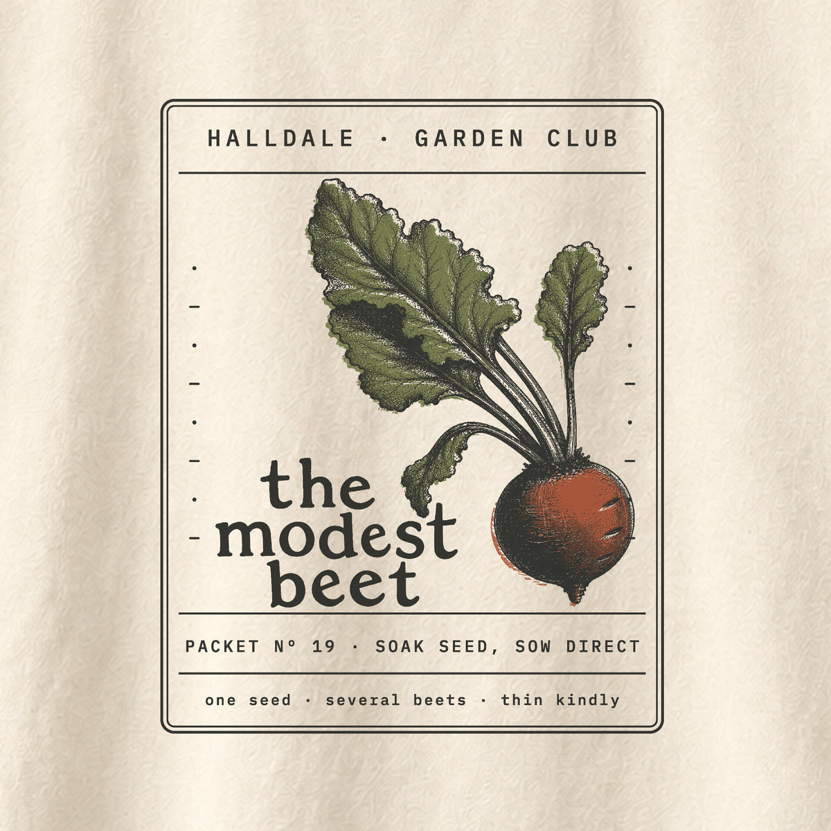 The Modest Beet tee in Ivory, close-up of the print