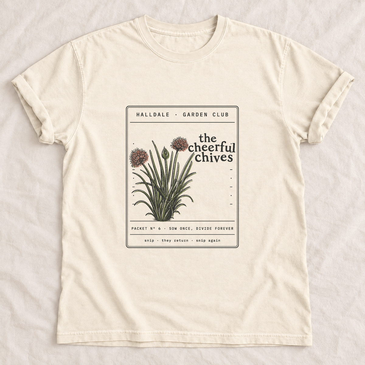 The Cheerful Chives tee in Ivory, laid flat