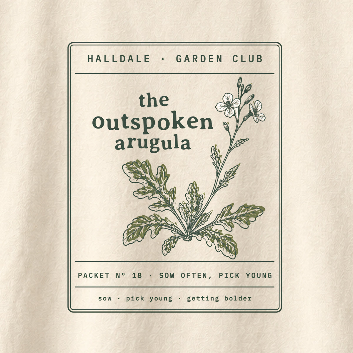 The Outspoken Arugula tee in Ivory, close-up of the print