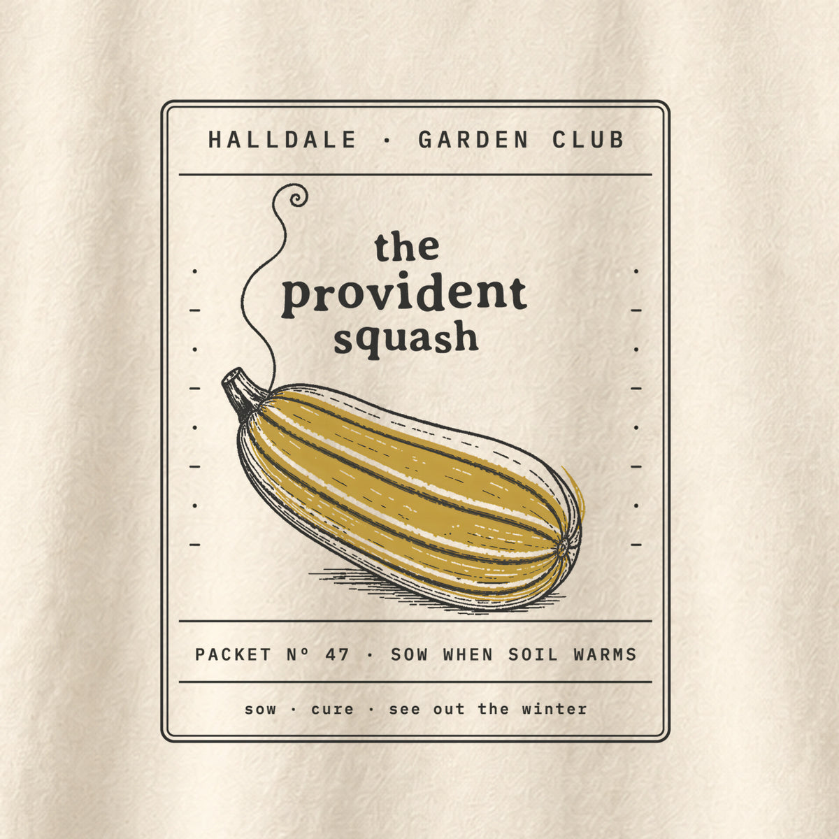 The Provident Squash tee in Ivory, close-up of the print