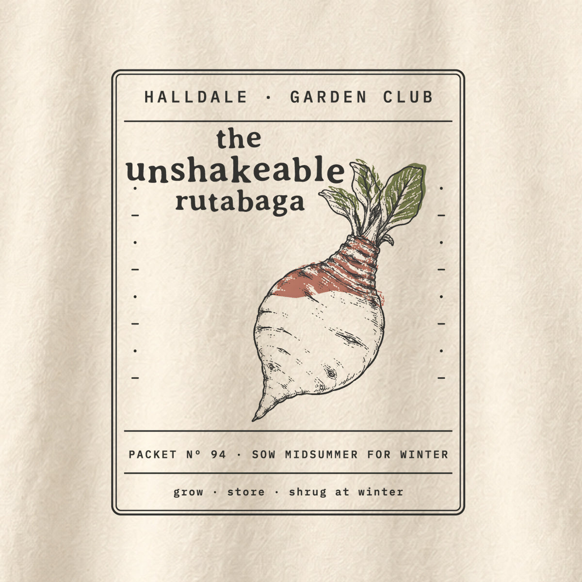 The Unshakeable Rutabaga tee in Ivory, close-up of the print