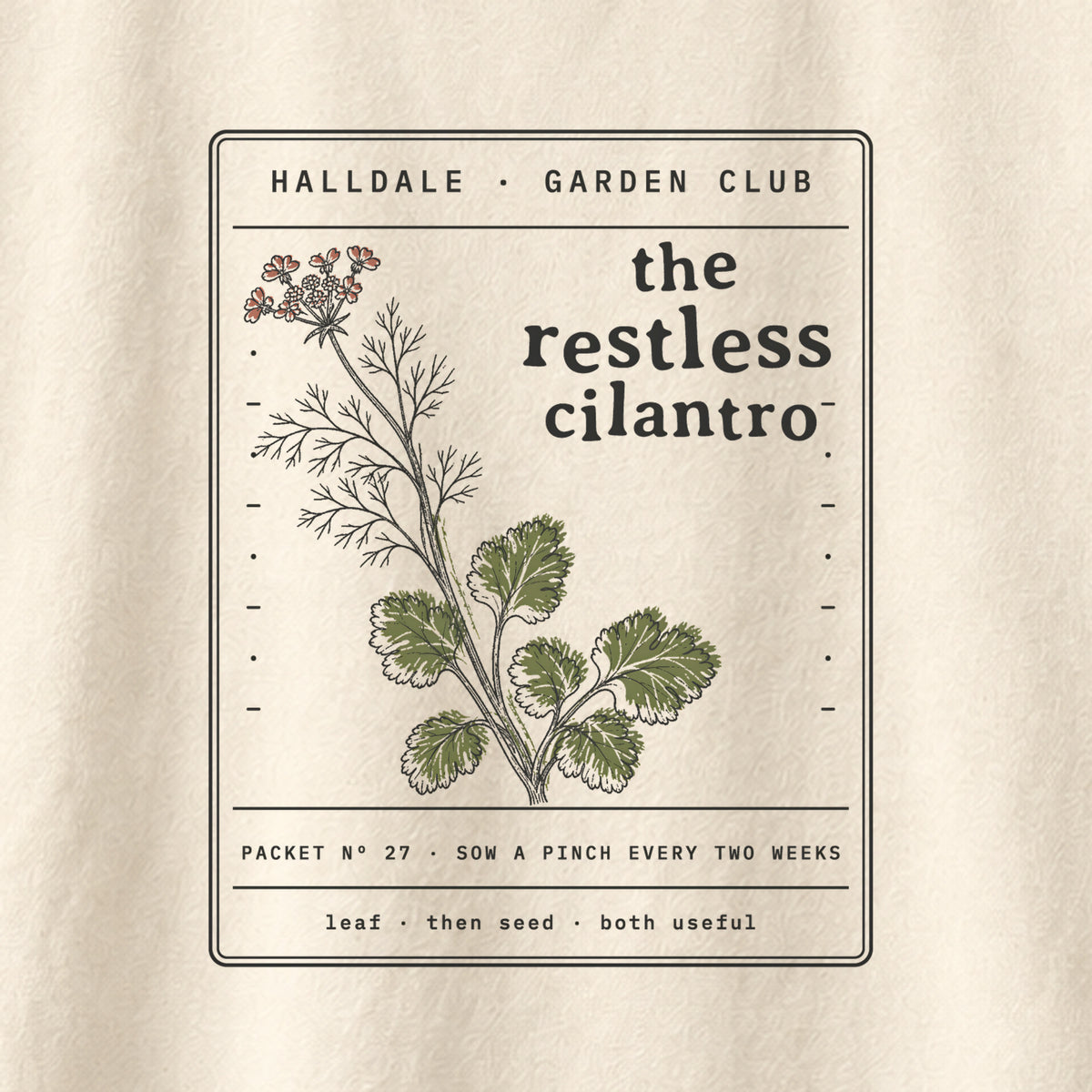 The Restless Cilantro tee in Ivory, close-up of the print