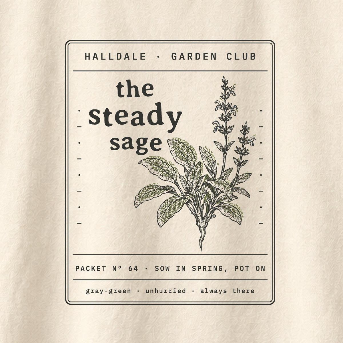 The Steady Sage tee in Ivory, close-up of the print