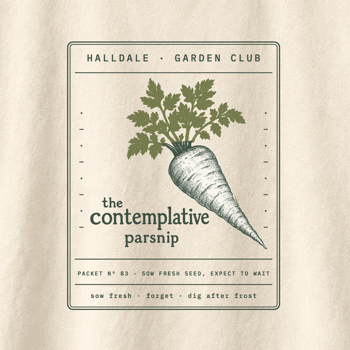The Contemplative Parsnip tee in Ivory, close-up of the print