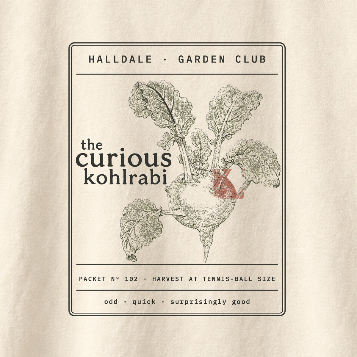 The Curious Kohlrabi tee in Ivory, close-up of the print