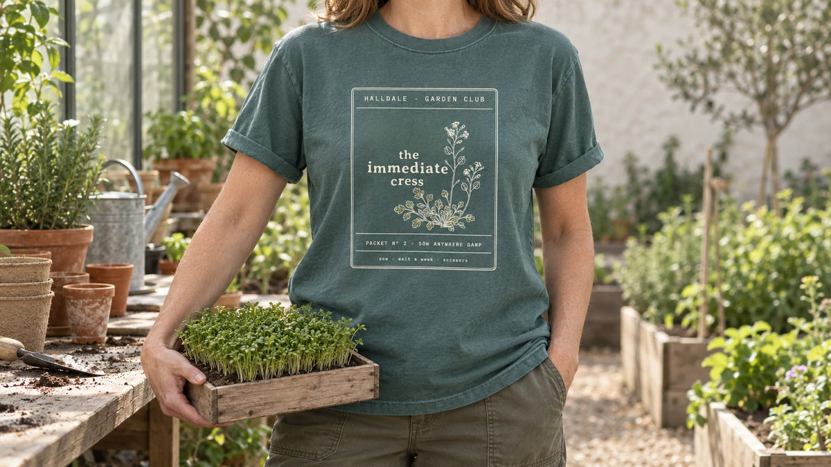 A woman in the Blue Spruce Immediate Cress tee stands by a greenhouse potting bench with seed trays and terracotta pots, holding a shallow wooden seed tray of fresh green cress.
