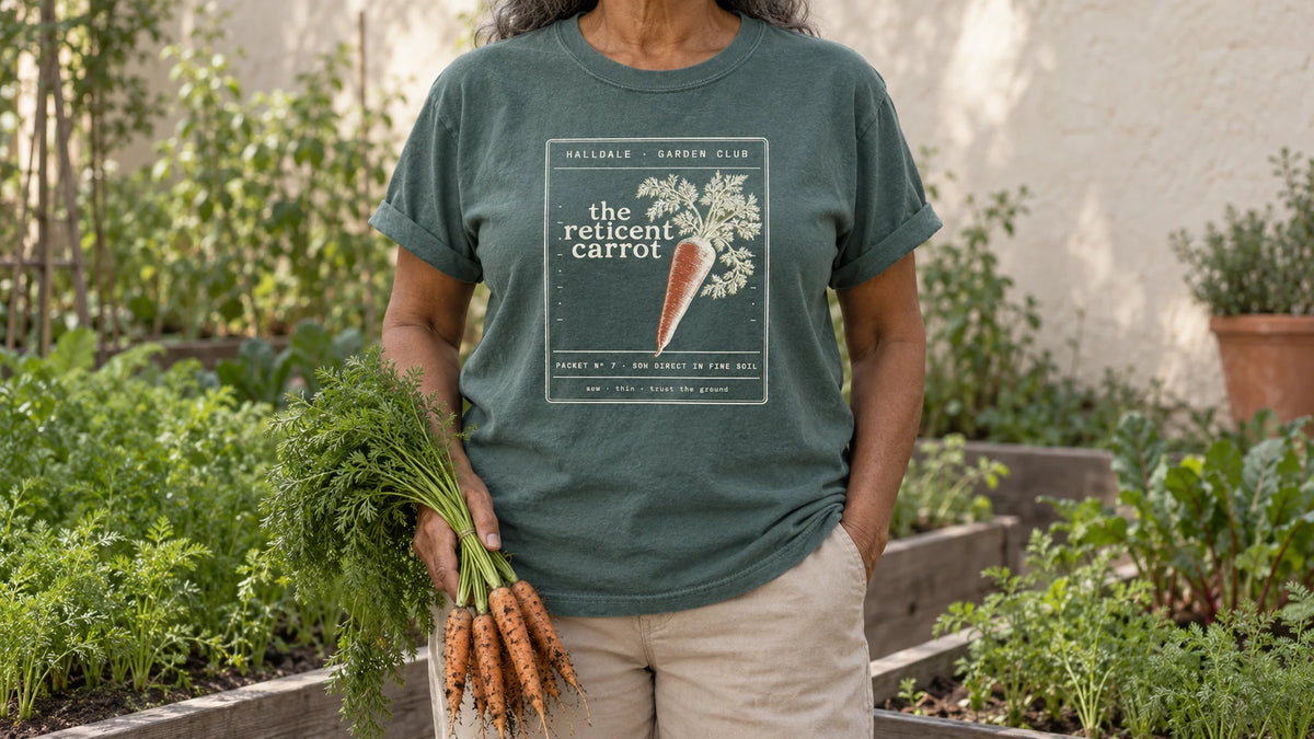 A woman in the Blue Spruce Reticent Carrot tee stands by raised beds of fine dark soil with feathery carrot tops, holding a bunch of freshly pulled carrots with feathery green tops.