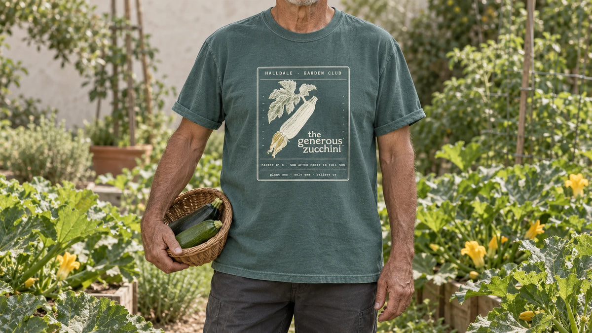 A man in the Blue Spruce Generous Zucchini tee stands by a vegetable bed of sprawling zucchini plants with broad leaves and yellow flowers, holding a shallow wicker basket holding two zucchini.