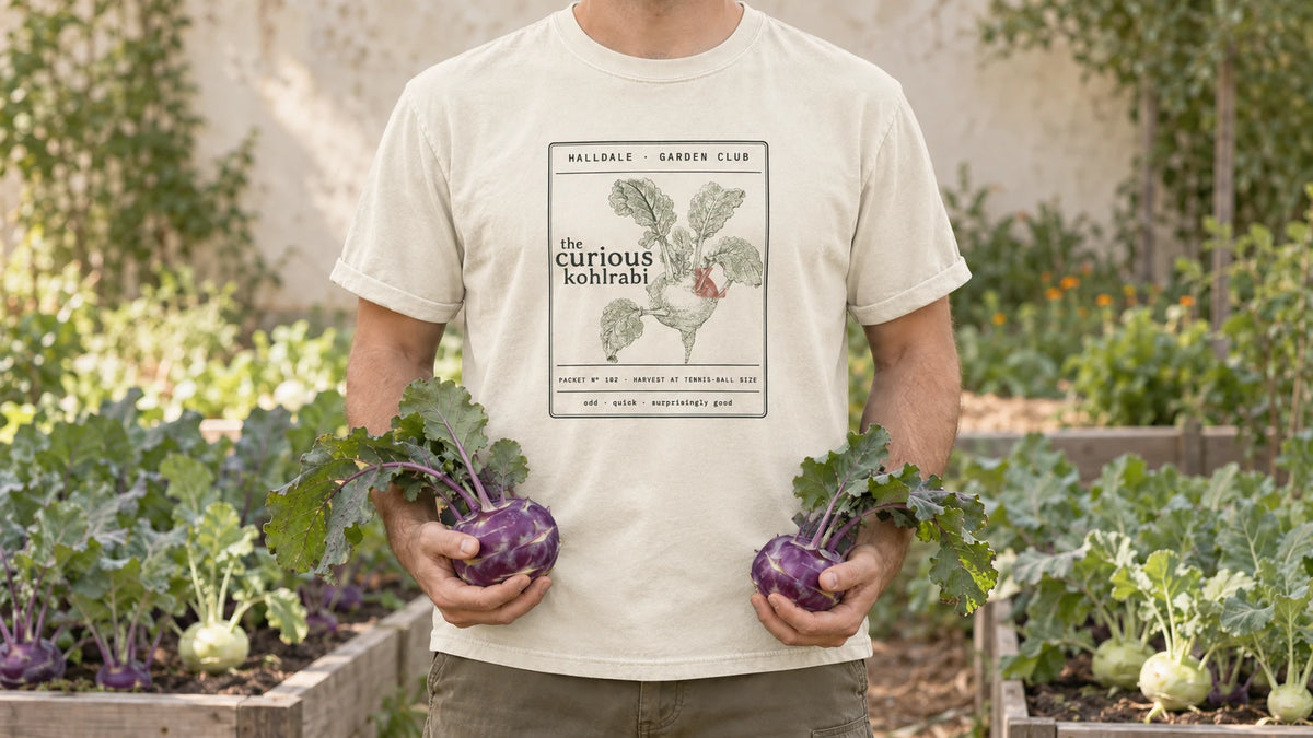 A man in the Ivory Curious Kohlrabi tee stands by a raised bed of purple and pale green kohlrabi, holding a purple kohlrabi in each hand.