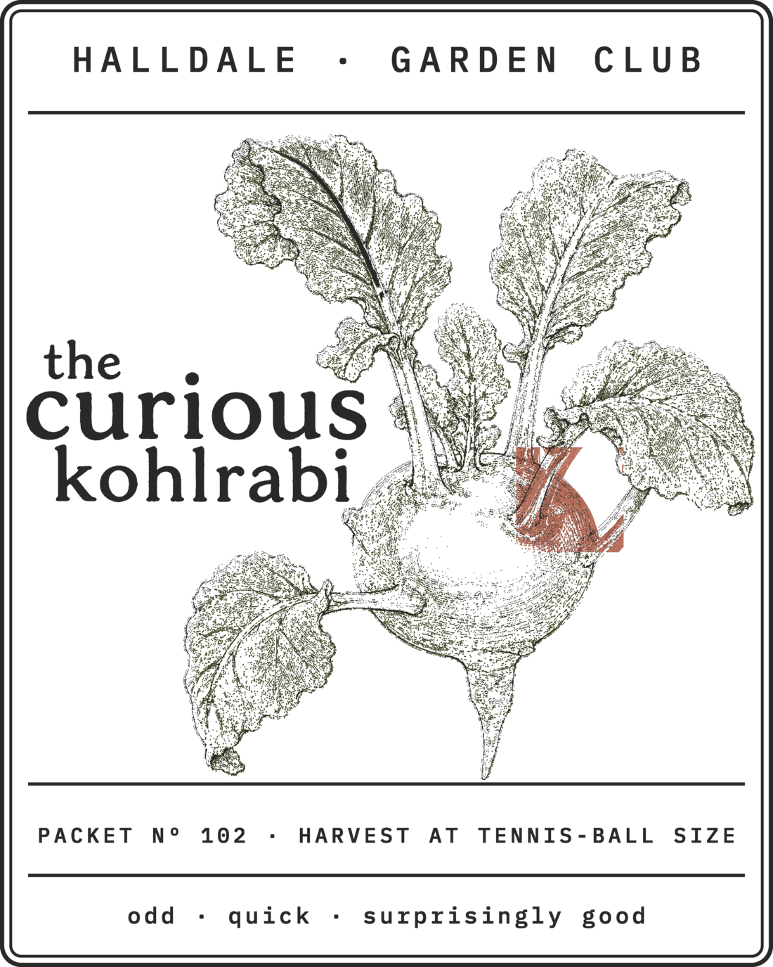 Seed packet Nº 102, The Curious Kohlrabi, printed in Charcoal and Clay