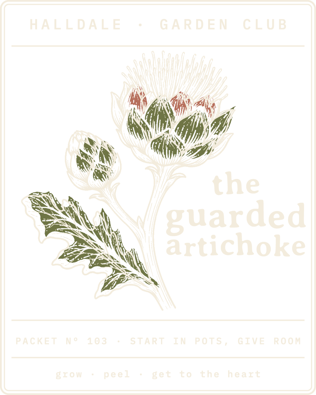 Seed packet Nº 103, The Guarded Artichoke, printed in Paper, Olive and Clay