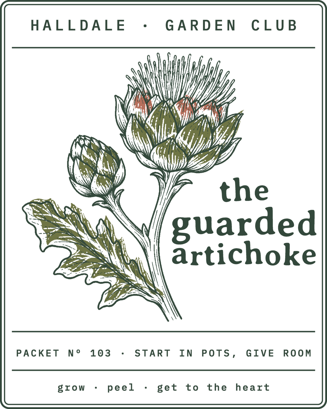 Seed packet Nº 103, The Guarded Artichoke, printed in Forest, Olive and Clay
