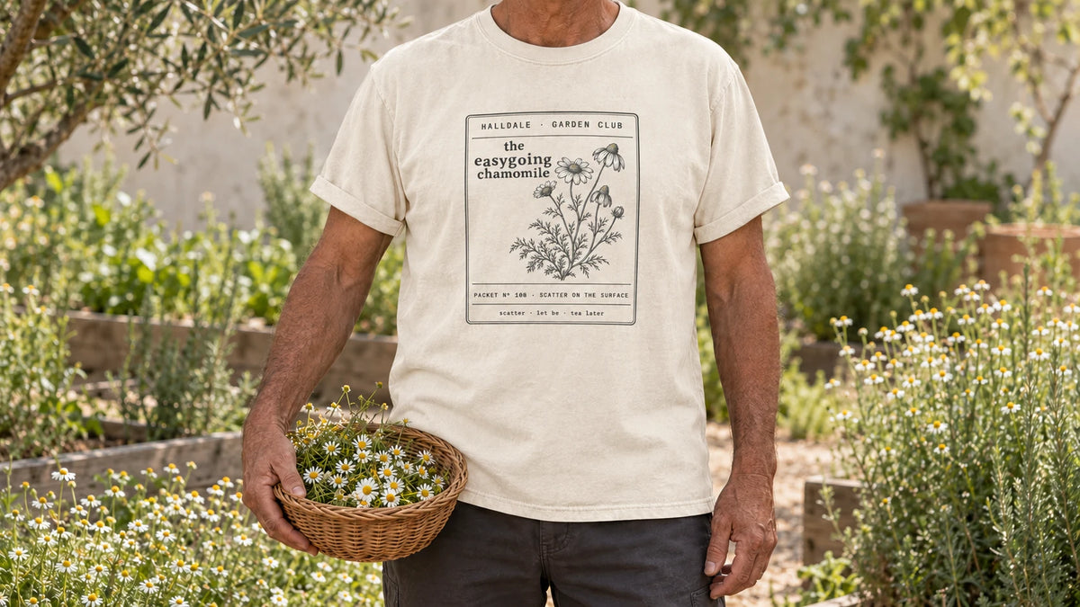 A man in the Ivory Easygoing Chamomile tee stands by a sunny patch of chamomile with small white daisy flowers, holding a shallow wicker basket of chamomile flowers.