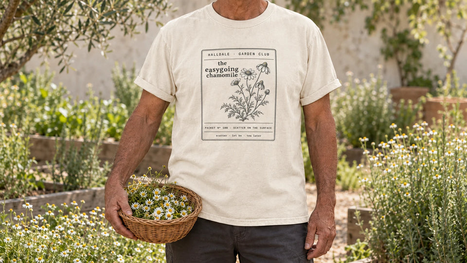 A man in the Ivory Easygoing Chamomile tee stands by a sunny patch of chamomile with small white daisy flowers, holding a shallow wicker basket of chamomile flowers.