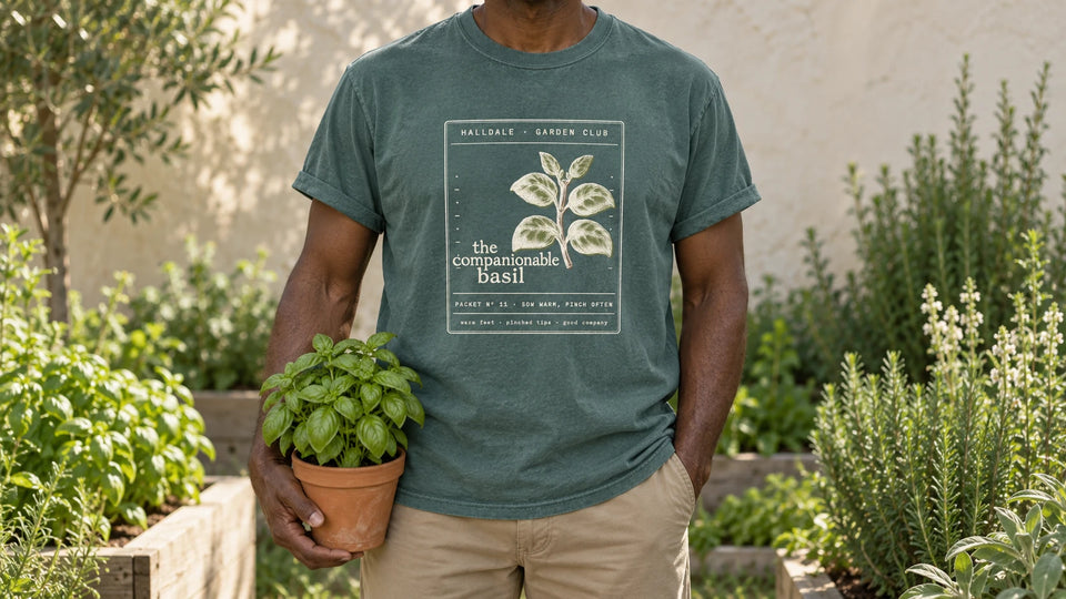 A man in the Blue Spruce Companionable Basil tee stands by a sunny herb bed beside a pale plaster wall, holding a terracotta pot of leafy green basil.