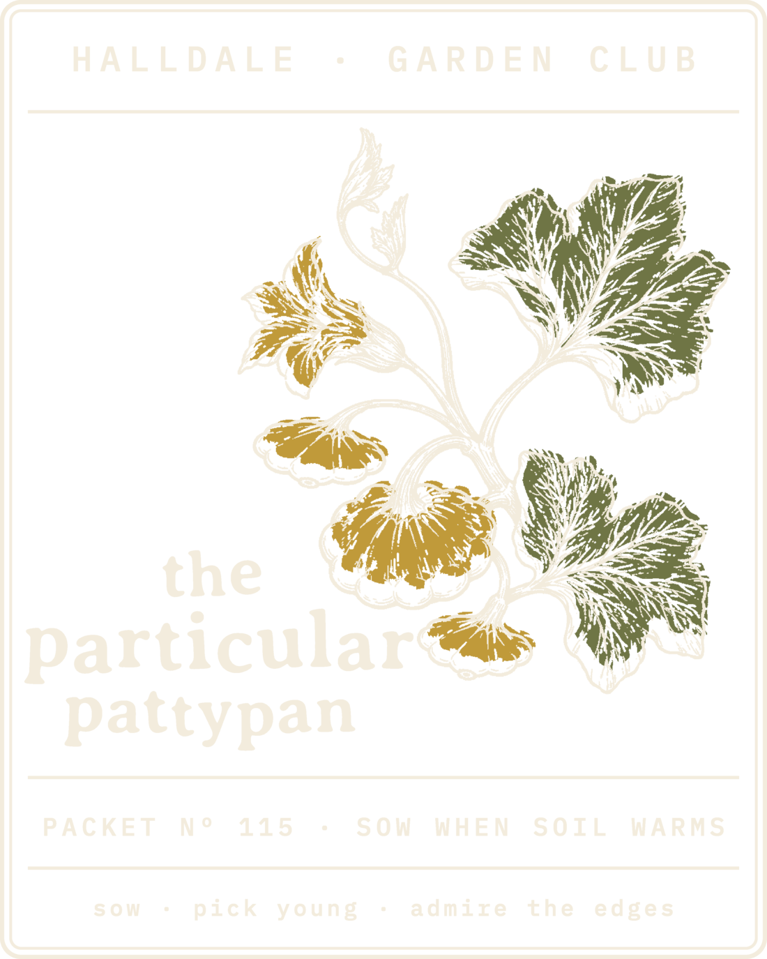 Seed packet Nº 115, The Particular Pattypan, printed in Paper, Mustard and Olive