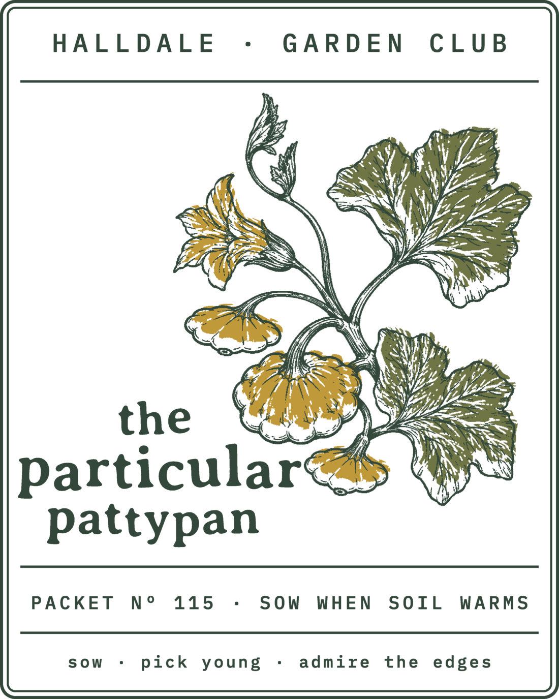 Seed packet Nº 115, The Particular Pattypan, printed in Forest, Mustard and Olive