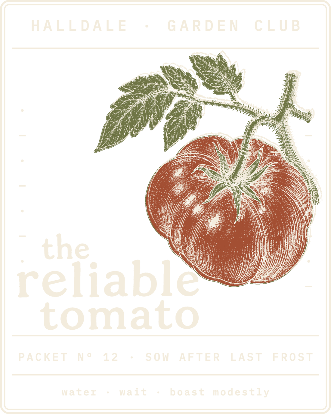 Seed packet Nº 12, The Reliable Tomato, printed in Paper, Rust and Olive