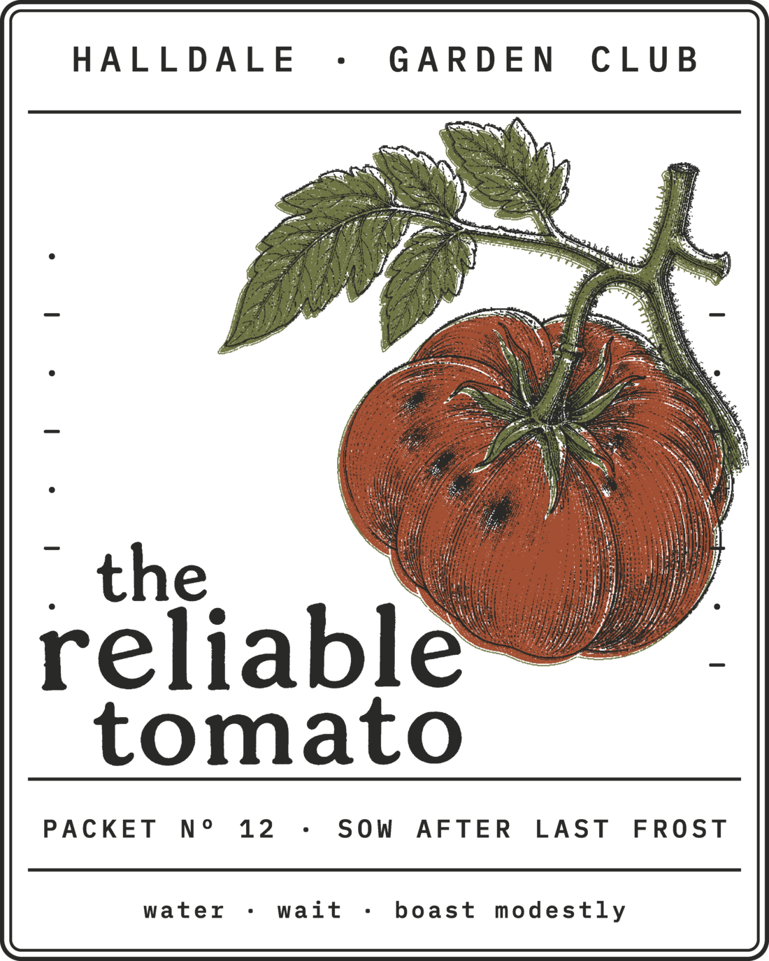Seed packet Nº 12, The Reliable Tomato, printed in Charcoal, Rust and Olive
