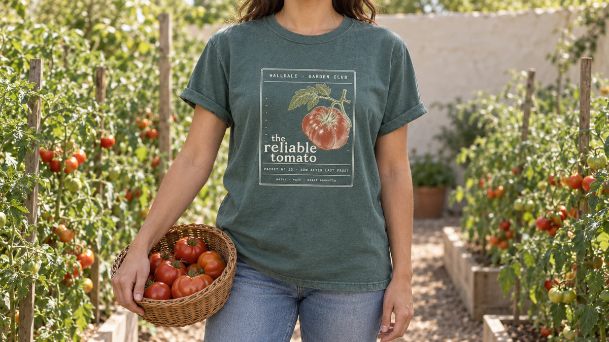 A woman in the Blue Spruce Reliable Tomato tee stands by rows of staked tomato vines heavy with fruit, holding a shallow wicker basket of ripe red tomatoes.