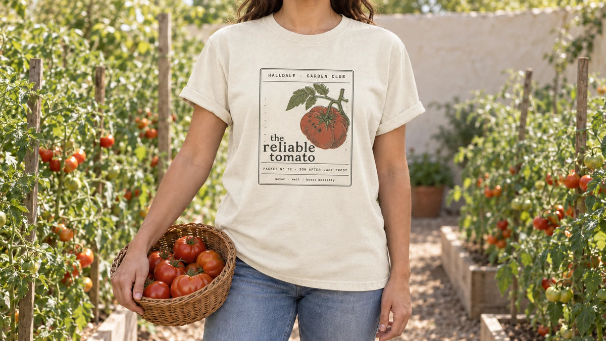 A woman in the Ivory Reliable Tomato tee stands by rows of staked tomato vines heavy with fruit, holding a shallow wicker basket of ripe red tomatoes.