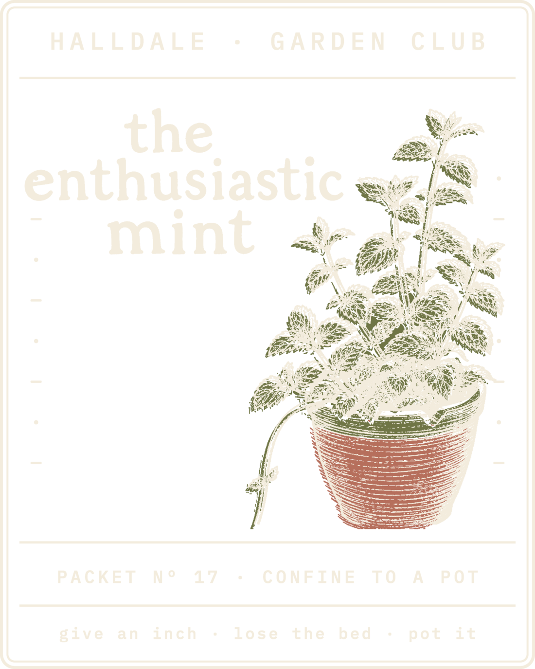 Seed packet Nº 17, The Enthusiastic Mint, printed in Paper, Olive and Clay
