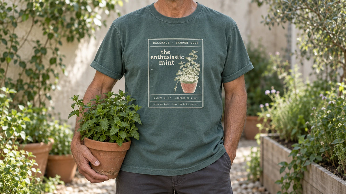 A man in the Blue Spruce Enthusiastic Mint tee stands by a shady garden corner with mint spilling out of terracotta pots, holding a terracotta pot of bright green mint.