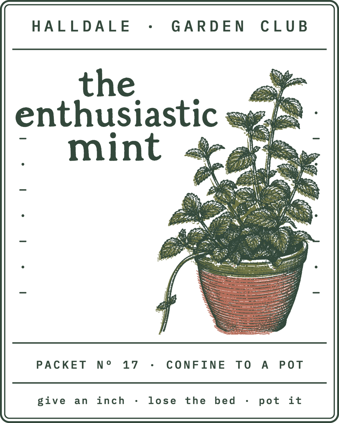 Seed packet Nº 17, The Enthusiastic Mint, printed in Forest, Olive and Clay