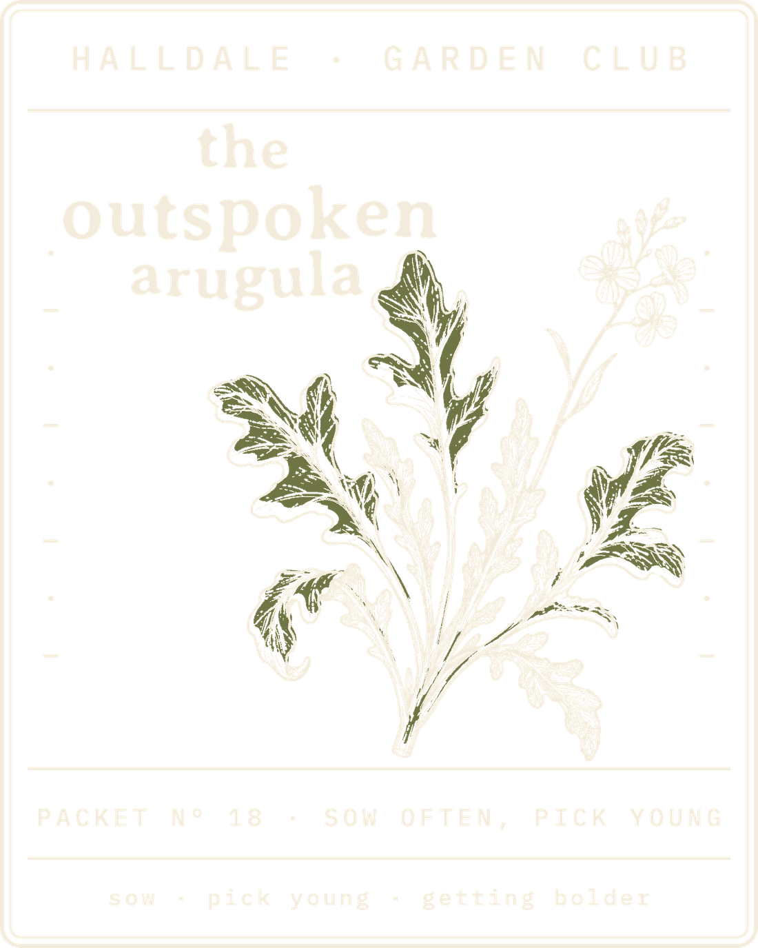 Seed packet Nº 18, The Outspoken Arugula, printed in Paper, Olive and Aged White