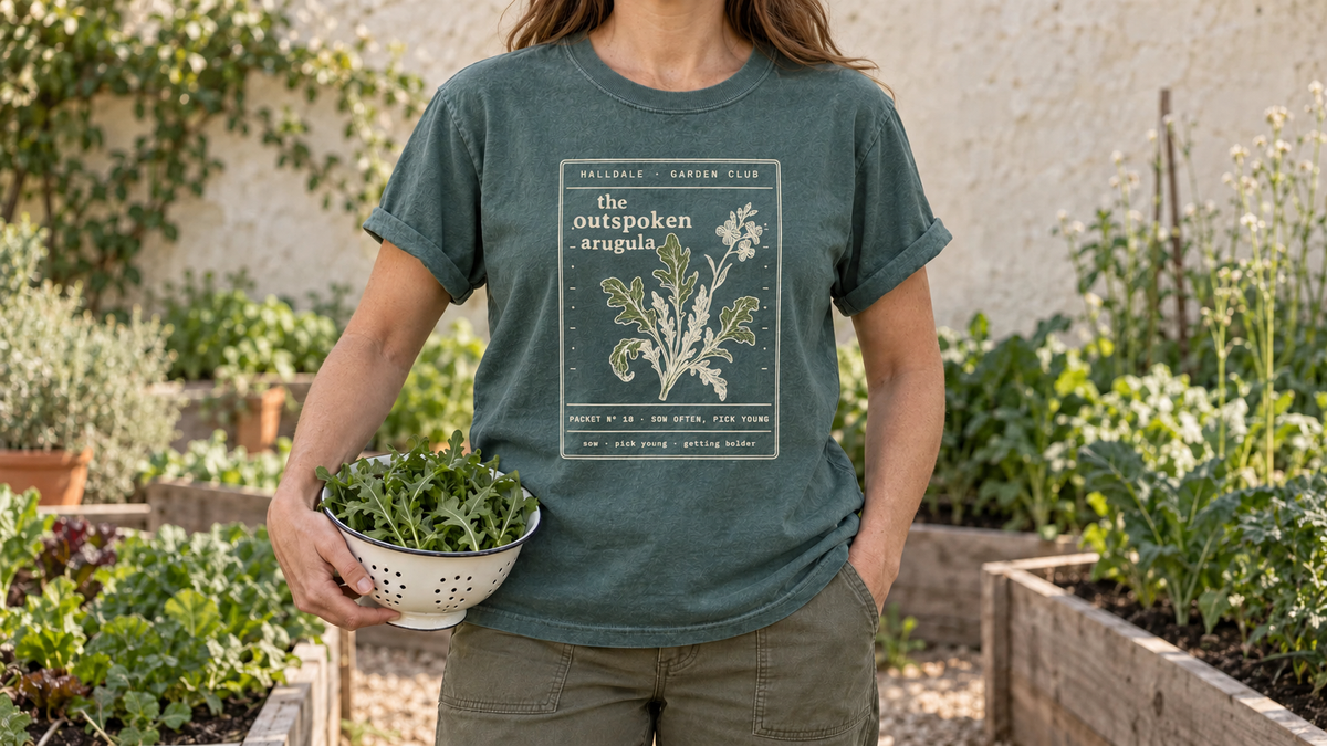 A woman in the Blue Spruce Outspoken Arugula tee stands by raised salad beds of young leafy greens, holding a small enamel colander of fresh arugula leaves.