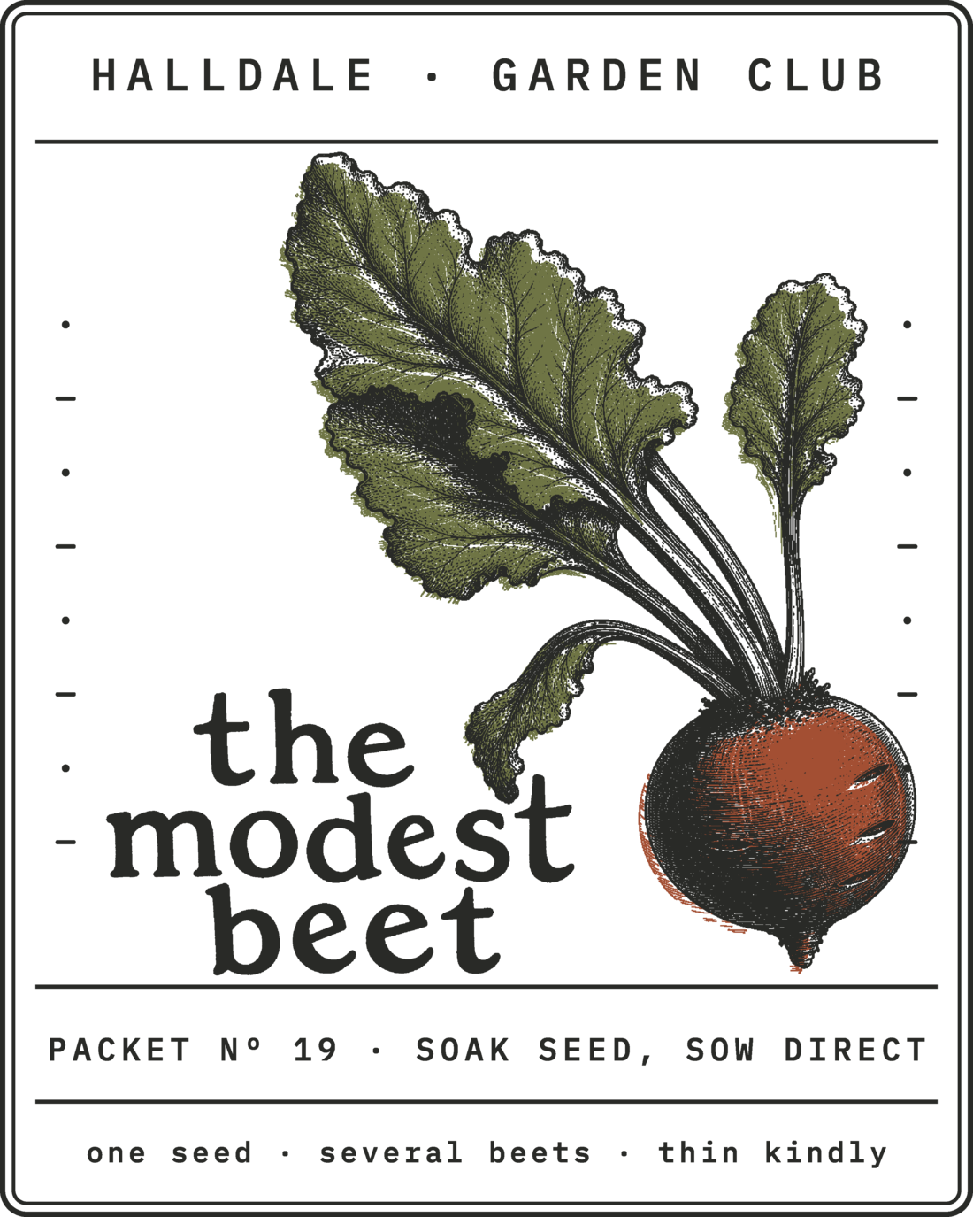 Seed packet Nº 19, The Modest Beet, printed in Charcoal, Rust and Olive
