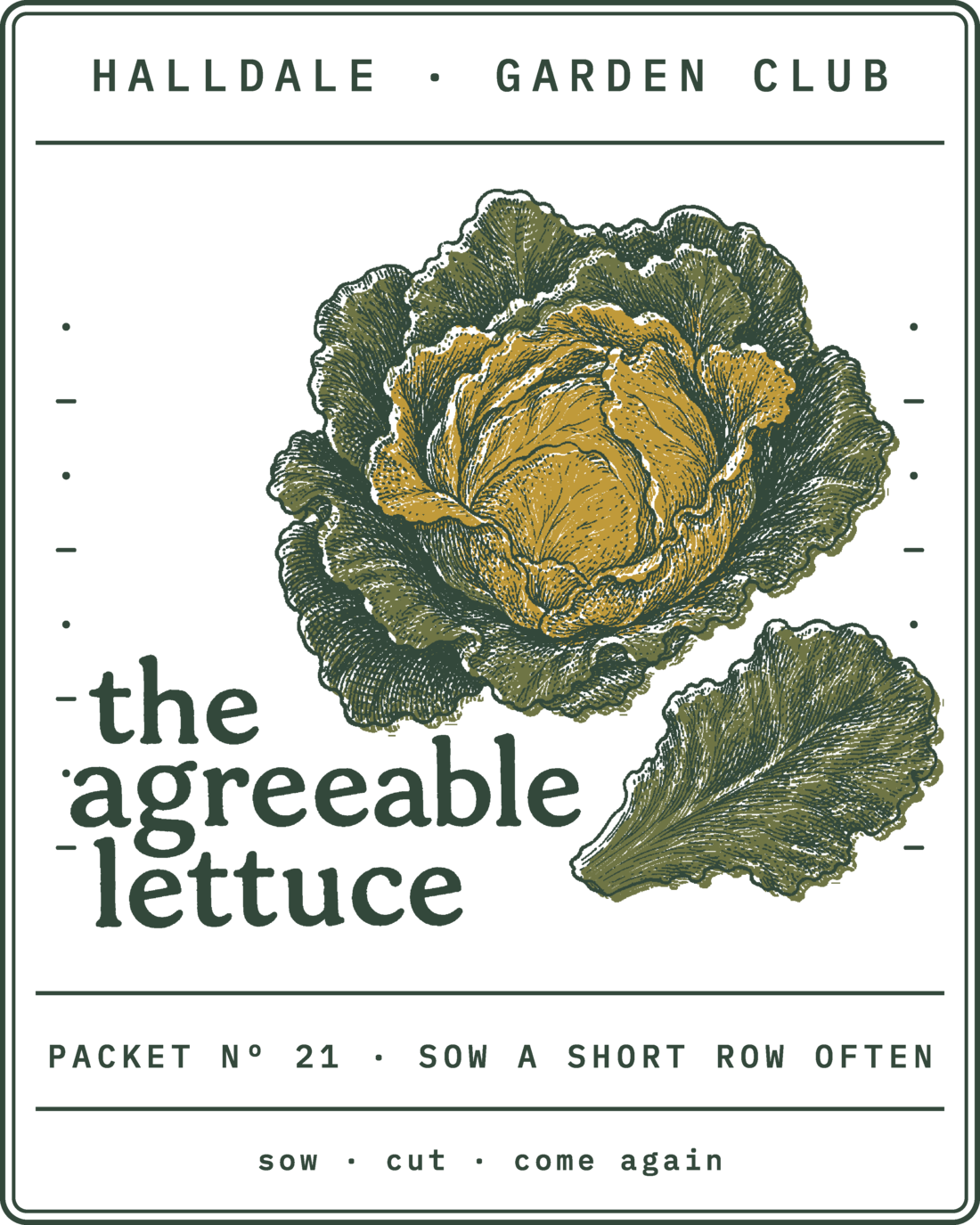 Seed packet Nº 21, The Agreeable Lettuce, printed in Forest, Olive and Mustard