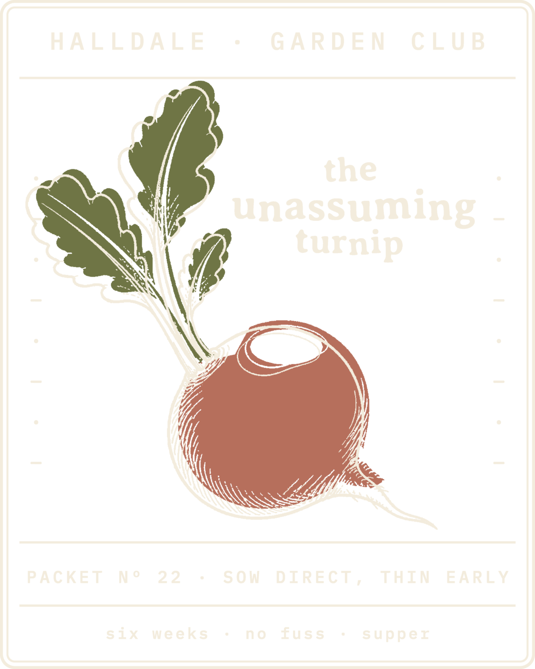 Seed packet Nº 22, The Unassuming Turnip, printed in Paper, Olive and Clay