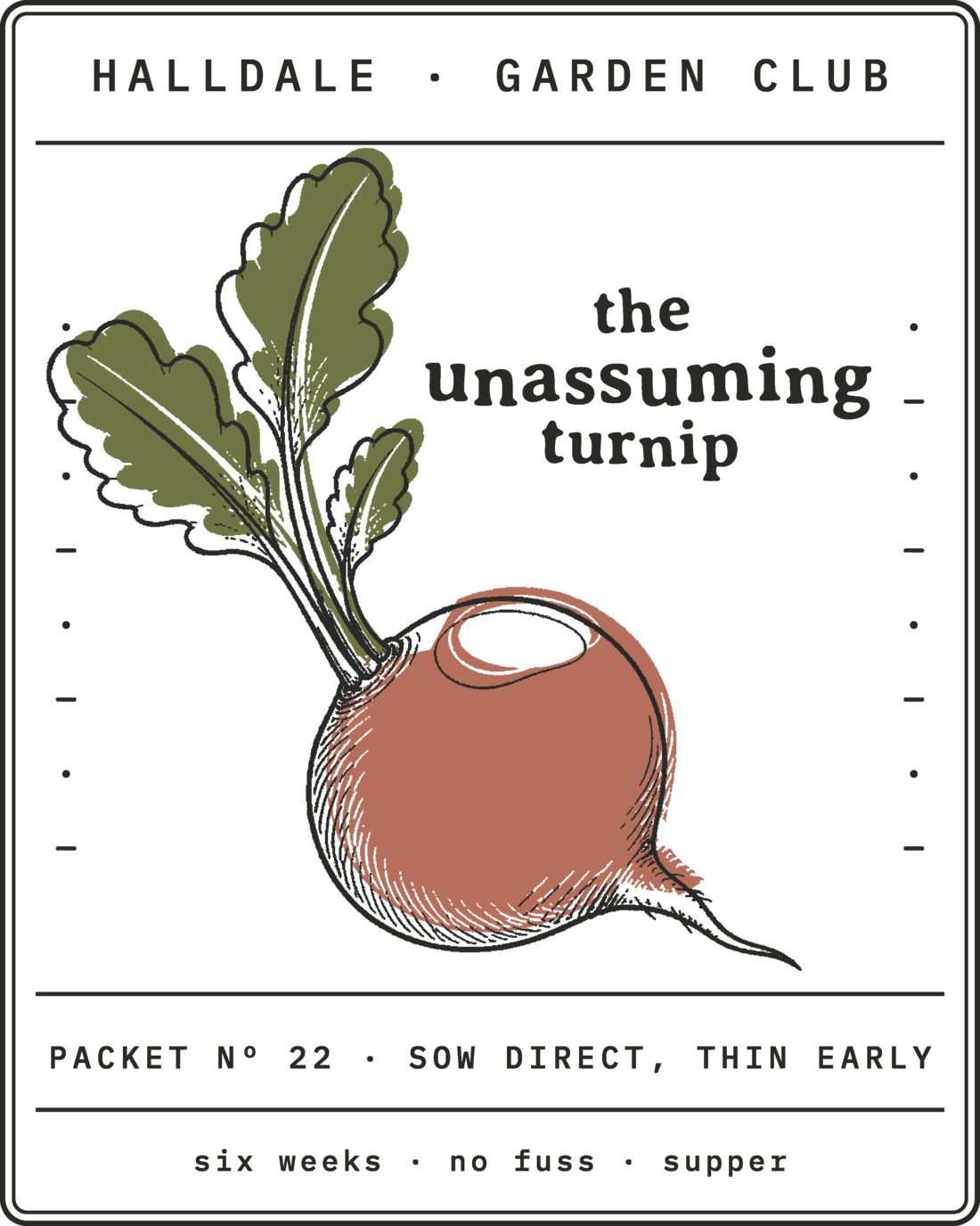 Seed packet Nº 22, The Unassuming Turnip, printed in Charcoal, Olive and Clay