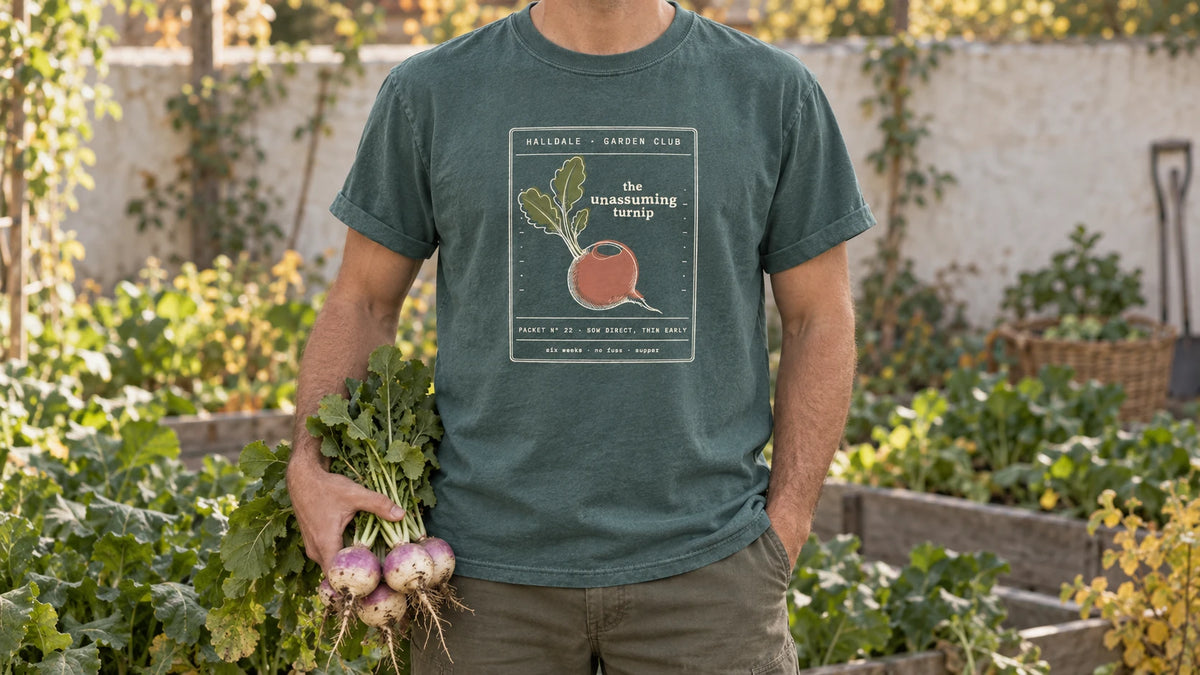 A man in the Blue Spruce Unassuming Turnip tee stands by a fall vegetable bed of turnip greens, holding a bunch of white-and-purple turnips with their greens.