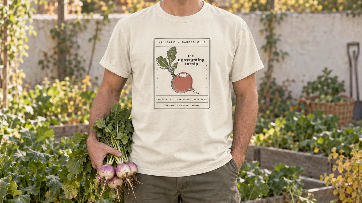 A man in the Ivory Unassuming Turnip tee stands by a fall vegetable bed of turnip greens, holding a bunch of white-and-purple turnips with their greens.