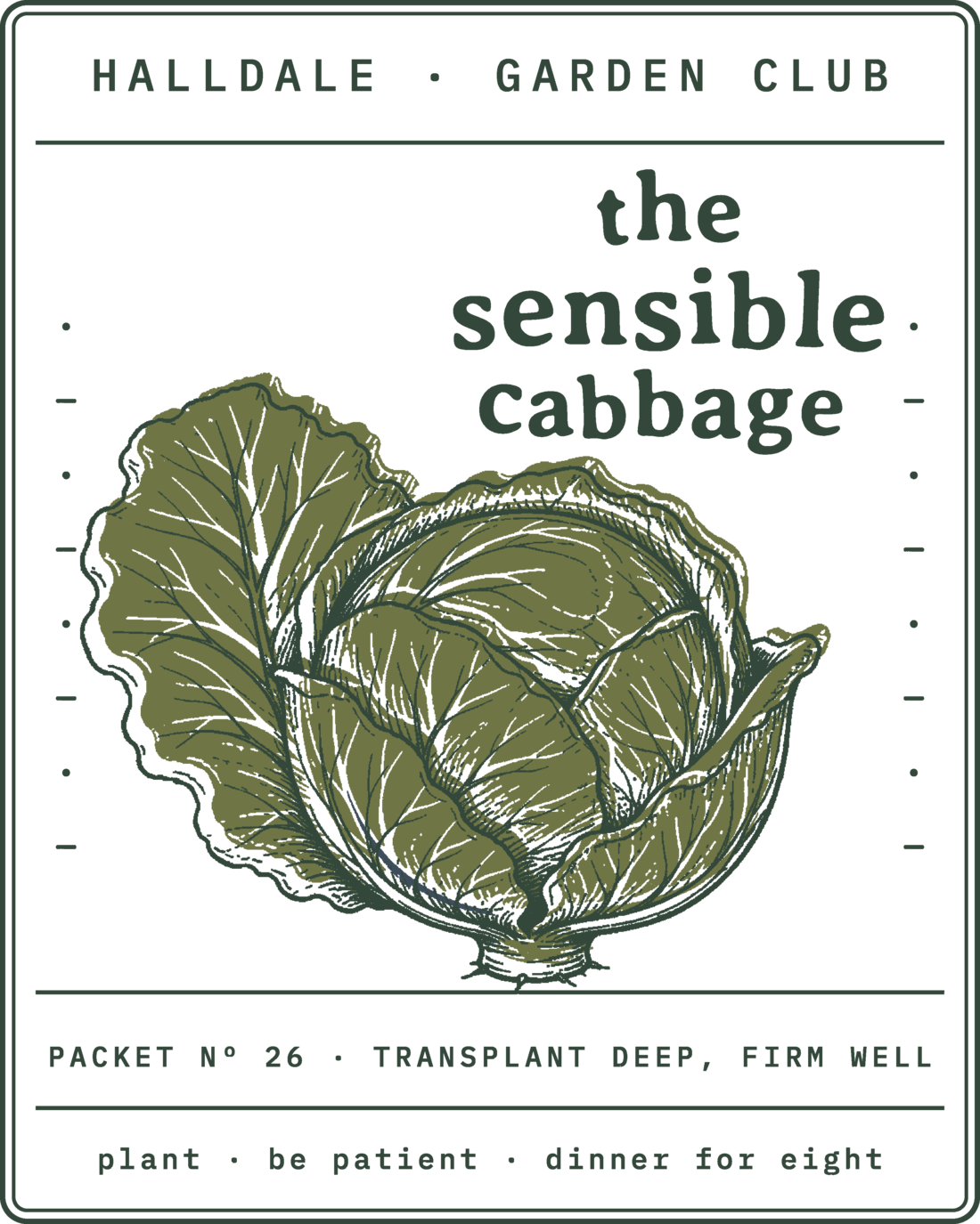 Seed packet Nº 26, The Sensible Cabbage, printed in Forest and Olive