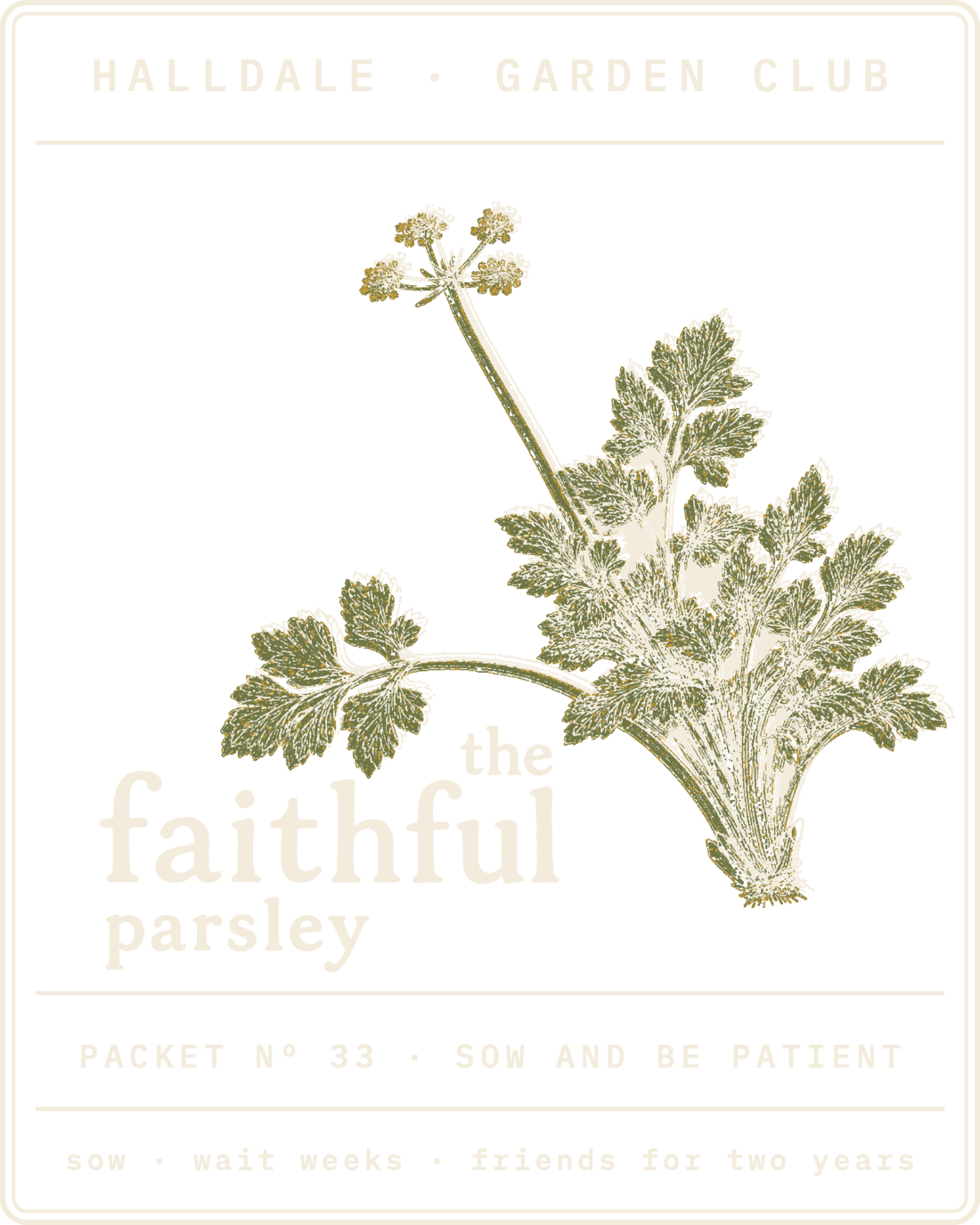 Seed packet Nº 33, The Faithful Parsley, printed in Paper, Olive and Mustard