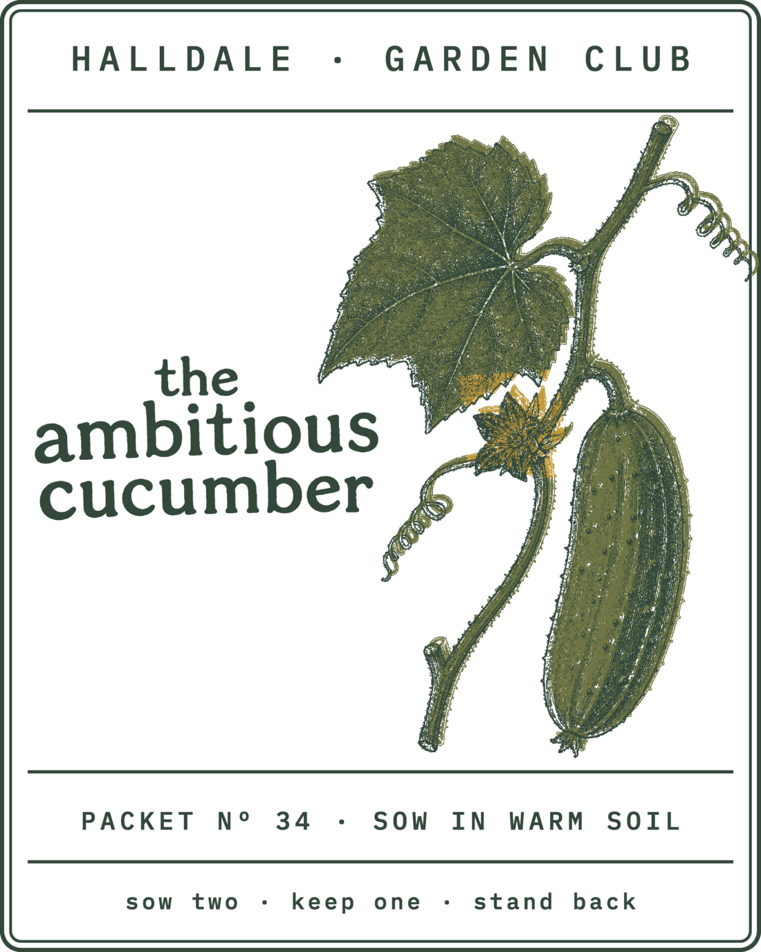 Seed packet Nº 34, The Ambitious Cucumber, printed in Forest, Olive and Mustard