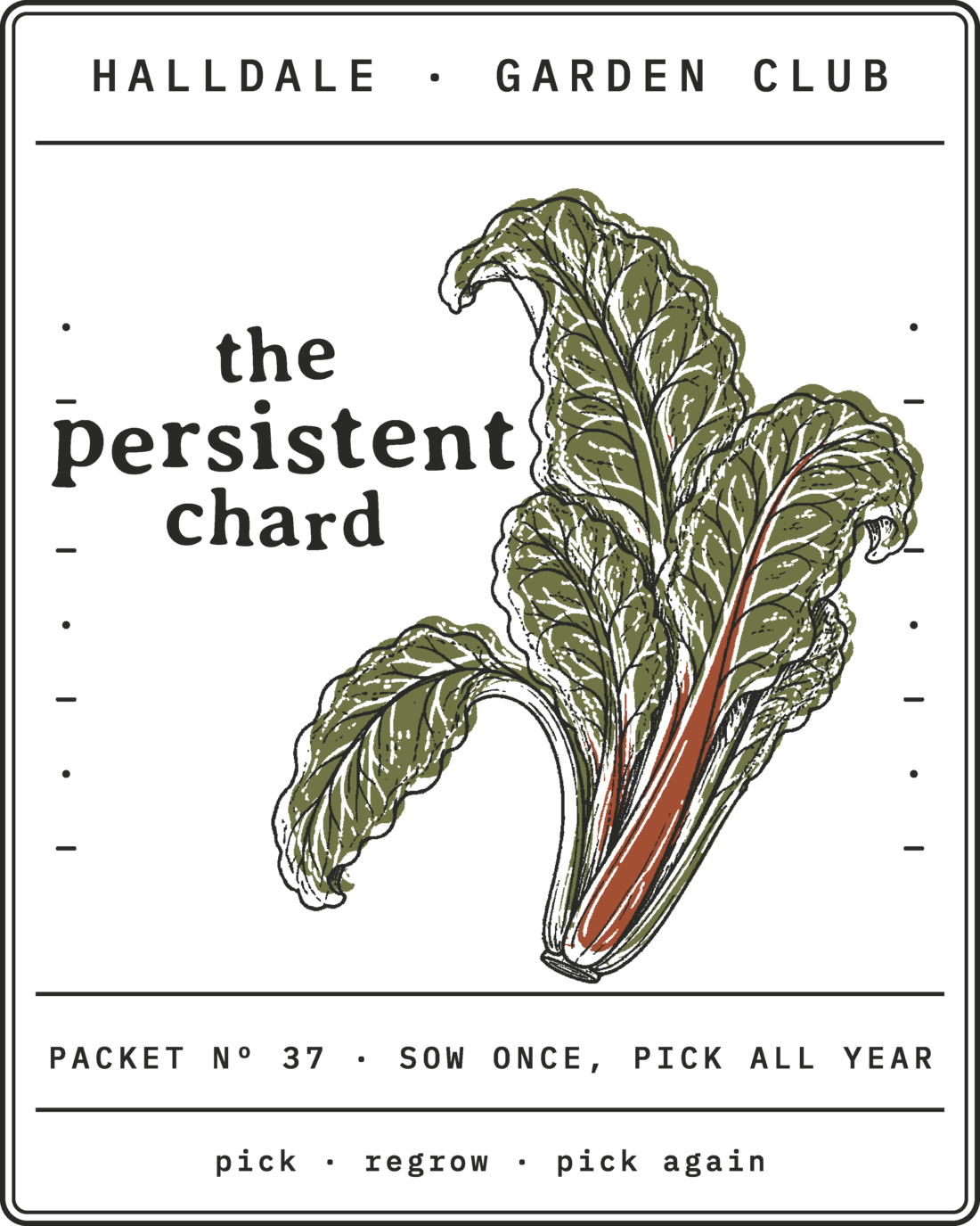 Seed packet Nº 37, The Persistent Chard, printed in Charcoal, Rust and Olive