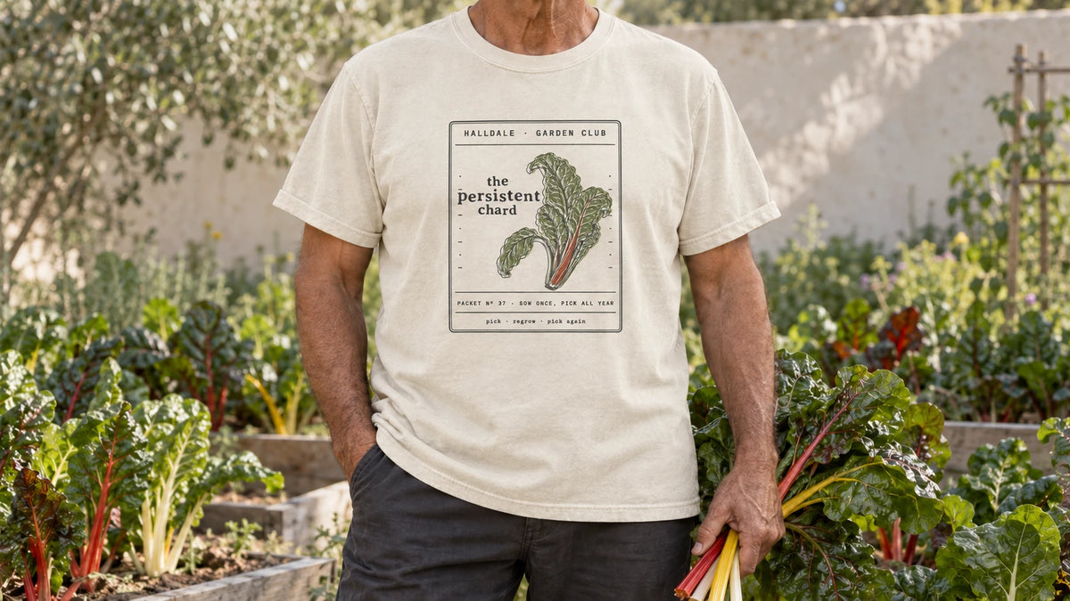 A man in the Ivory Persistent Chard tee stands by a bed of rainbow chard with red, yellow and white stems, holding a bunch of rainbow chard with bright stems.