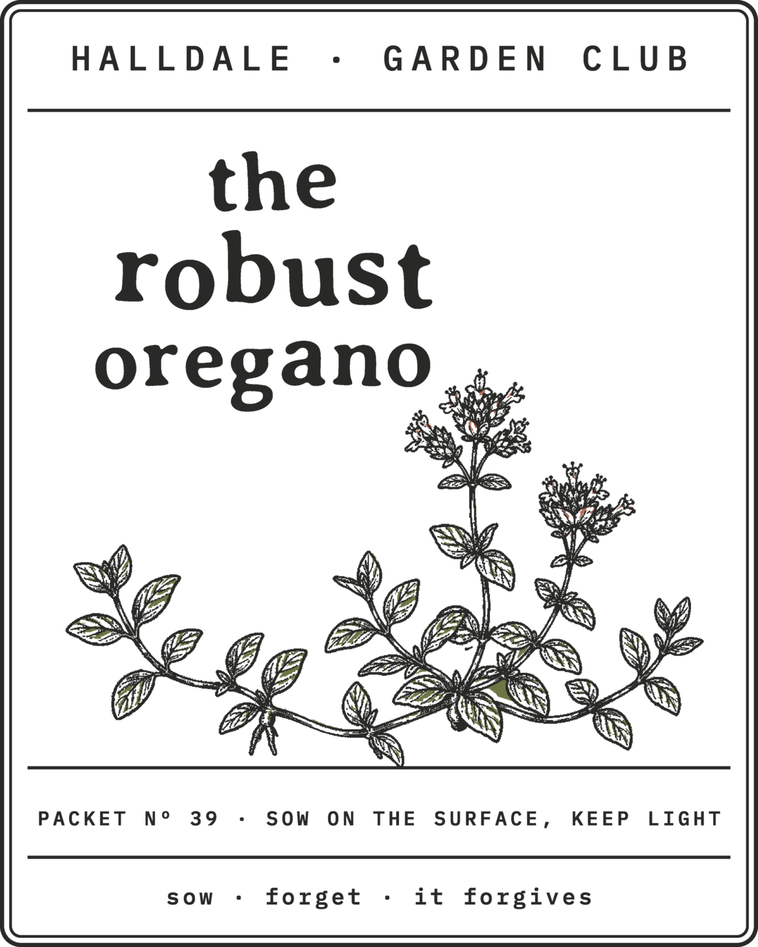 Seed packet Nº 39, The Robust Oregano, printed in Charcoal